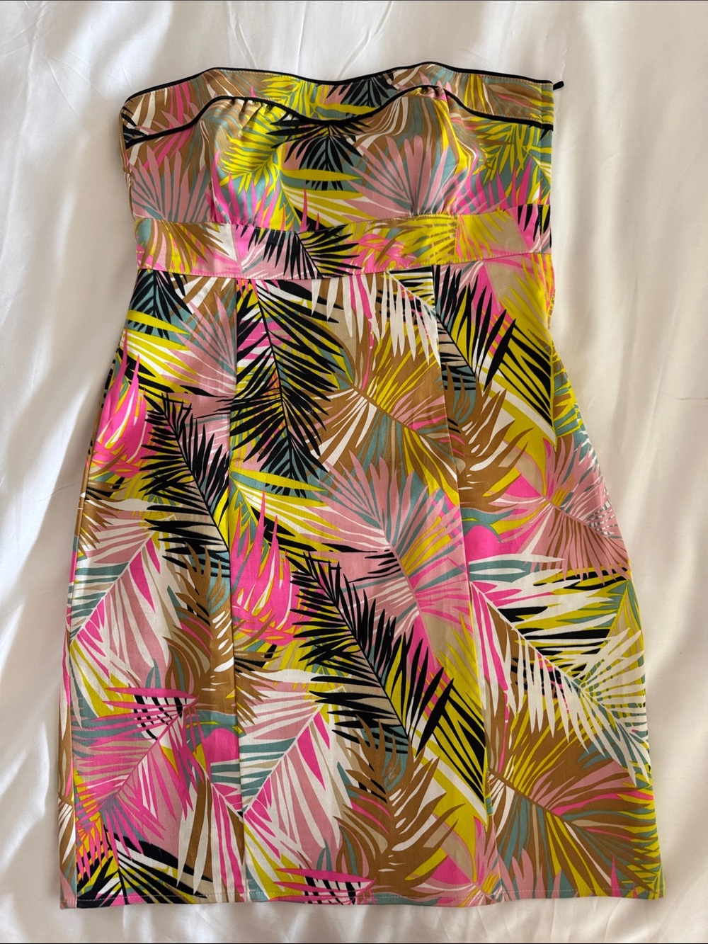 H&M Strapless Tropical Print Dress in Pink, Yellow, Green, Black, White, Brown